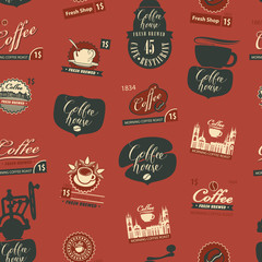 Vector seamless pattern on coffee and coffeehouse theme with old coffee grinders, other coffee symbols and handwritten inscriptions in retro style. Can be used as wallpaper or wrapping paper