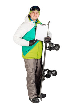 Full length portrait of young man in sportswear with snowboard isolated on a white background. Sport and people concept.