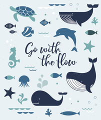 Sea life, whales, dolphins icons and illustrations, poster design © Marina Zlochin