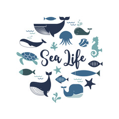 Sea life, whales, dolphins icons and illustrations, poster design
