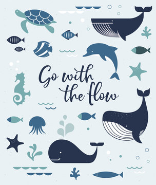 Sea life, whales, dolphins icons and illustrations, poster design
