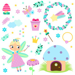forest Fairy set. Collection of cartoon fairy tale design elements. Stickers, clip art for girls for scrapbook, party, mobile applications