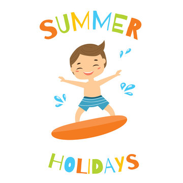 Boy on surfing board. Kid having summer holidays beach activity