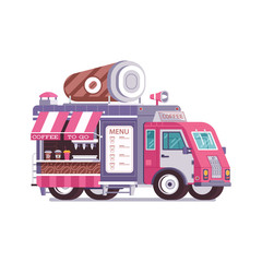 Retro coffee van in flat design. City street food truck with cafe cup. Summer kitchen auto kiosk in flat design. Cartoon car with food on wheels illustration. Vintage cartoon minivan with beverages.