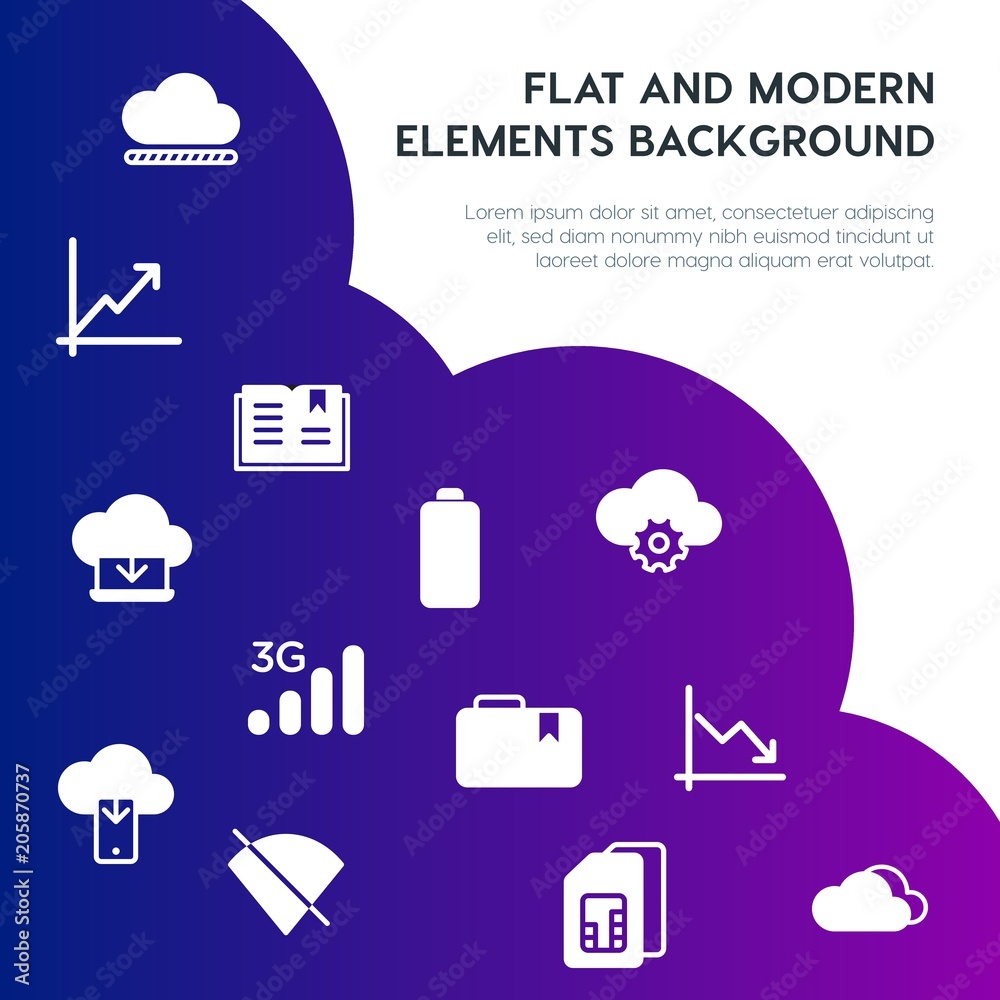 Poster cloud and networking, charts, mobile, bookmarks fill vector icons and elements background concept on