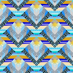 Greek marine seamless pattern. Geometric abstract nautical striped background. Modern tiled aqueous sunny ornament with geometry shapes, stripes, waves, sun, rhombus, greek key, meander. Trendy design