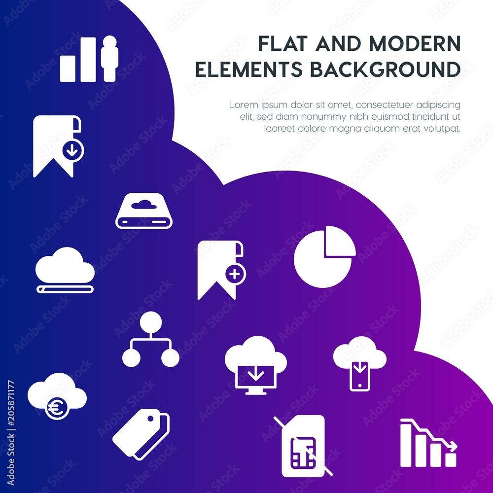 Poster cloud and networking, charts, mobile, bookmarks fill vector icons and elements background concept on gradient background.Multipurpose use on websites, presentations, brochures and more