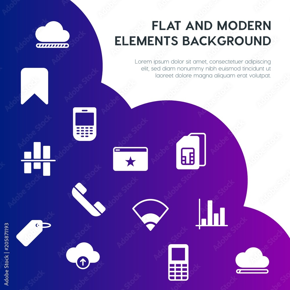 Poster cloud and networking, charts, mobile, bookmarks fill vector icons and elements background concept on