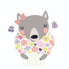 Hand drawn vector illustration of a cute funny wolf holding a bouquet of flowers, with butterflies. Isolated objects. Scandinavian style flat design. Concept for children print.