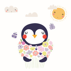 Hand drawn vector illustration of a cute funny penguin holding a bouquet of flowers, with butterflies, sun, clouds. Isolated objects. Scandinavian style flat design. Concept for children print.