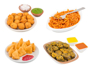 Indian Street Food Collection Pakora, Chow mein, Samosa or Patra Also Called Bhajiya isolated on White Background