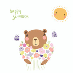 Hand drawn vector illustration of a cute funny bear with a bouquet of flowers, butterflies, sun, lettering Happy summer. Isolated objects. Scandinavian style flat design. Concept for children print.