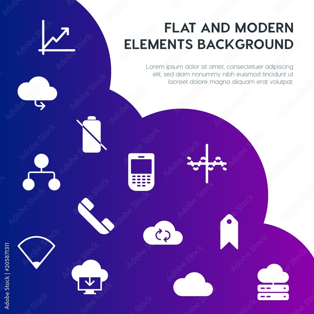 Poster cloud and networking, charts, mobile, bookmarks fill vector icons and elements background concept on