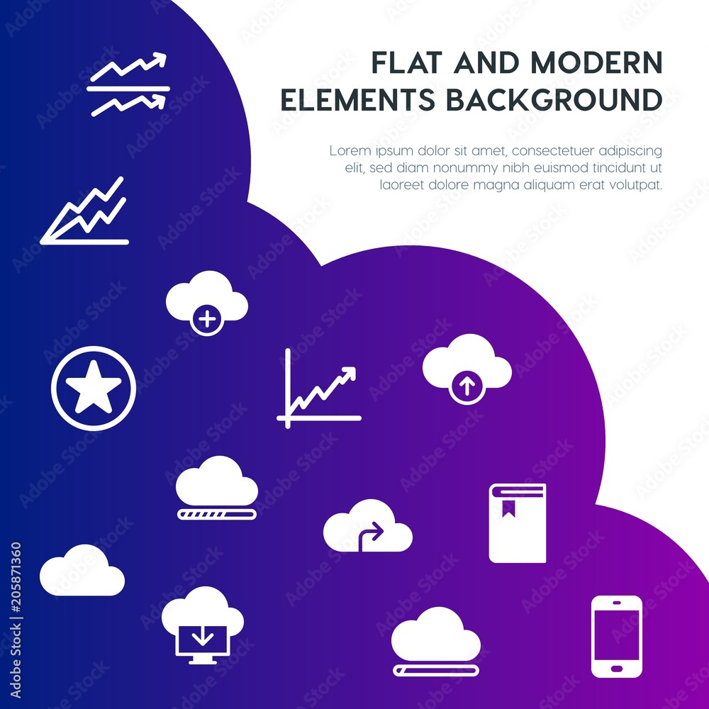 Poster cloud and networking, charts, mobile, bookmarks fill vector icons and elements background concept on