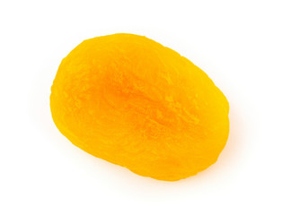 Single dried apricot fruit close up over white background