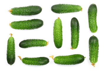 Cucumber set isolated on white background. Top view. Flat lay pattern