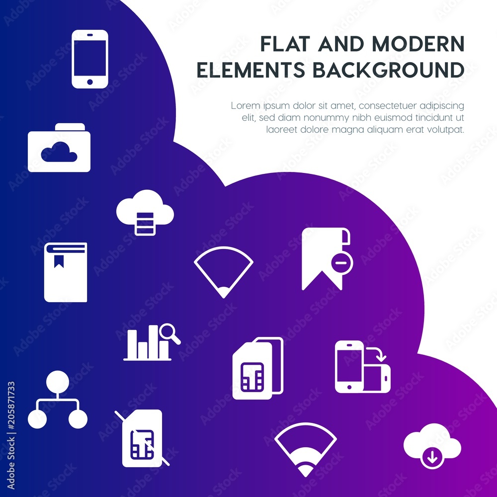 Poster cloud and networking, charts, mobile, bookmarks fill vector icons and elements background concept on