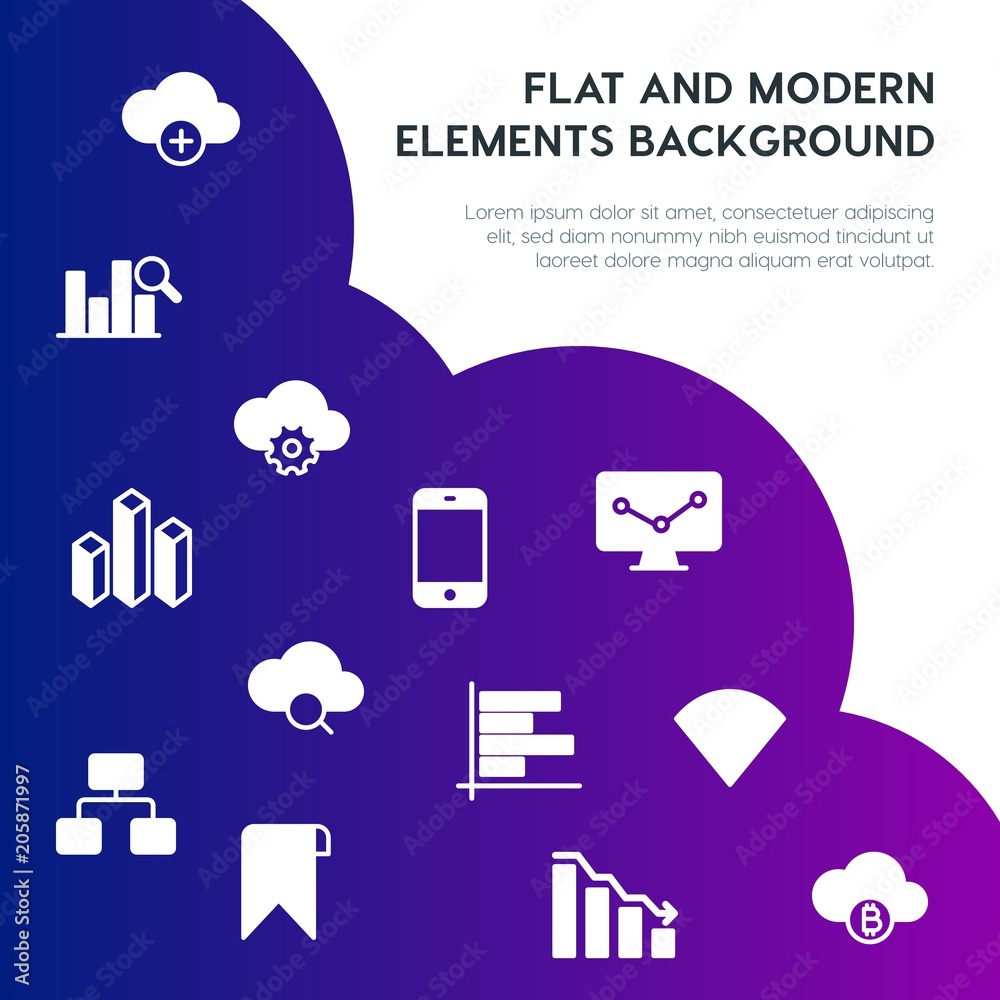 Poster cloud and networking, charts, mobile, bookmarks fill vector icons and elements background concept on