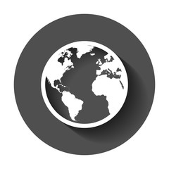 Globe world map vector icon. Round earth flat vector illustration. Planet business concept pictogram with long shadow.