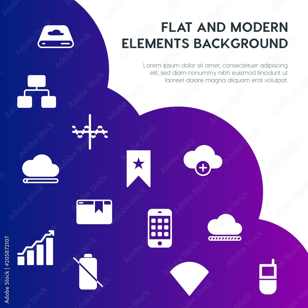 Poster cloud and networking, charts, mobile, bookmarks fill vector icons and elements background concept on