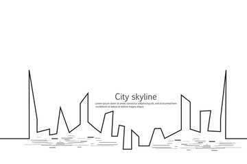 Obraz premium Silhouette of the city in a flat style. Modern urban landscape. Vector illustrations. City skyscrapers building office horizon.Continuous line drawing. Vector line. Geometric figures with the effect