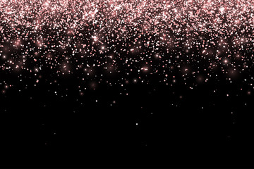 Rose gold falling particles on black background. Vector
