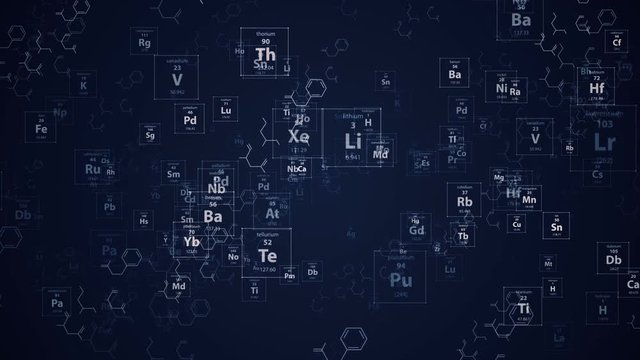 Looping infinite chemistry chain and periodic elements.Science chemistry medicine template and background. blue