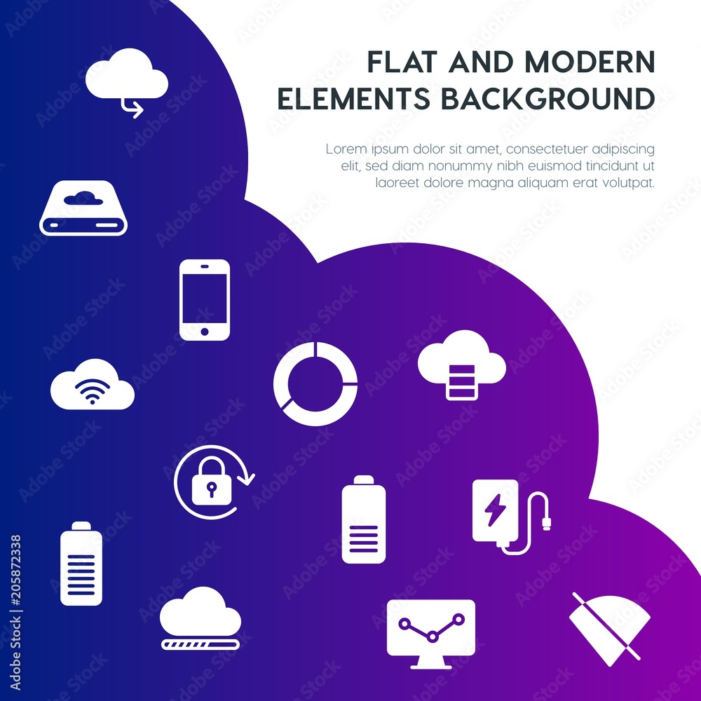 Poster cloud and networking, charts, mobile, bookmarks fill vector icons and elements background concept on