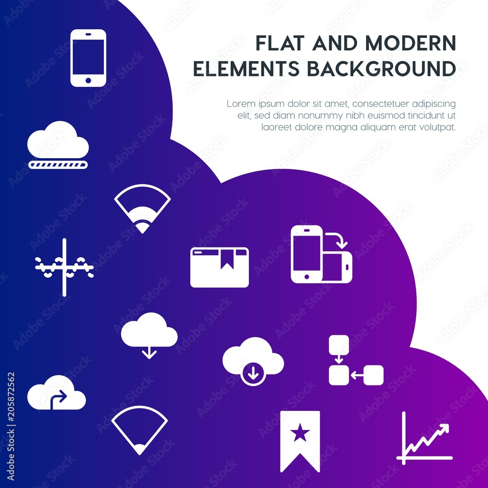 Poster cloud and networking, charts, mobile, bookmarks fill vector icons and elements background concept on