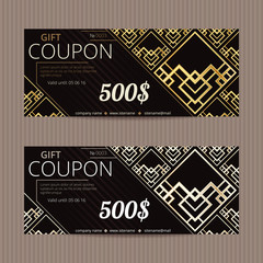 Gift voucher in luxury style. Vector discount card. Art Deco tiles. Golden and silver ornament.
