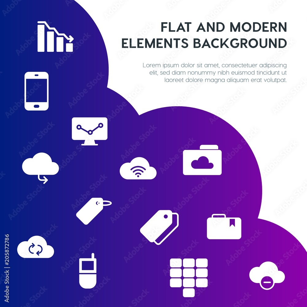 Poster cloud and networking, charts, mobile, bookmarks fill vector icons and elements background concept on