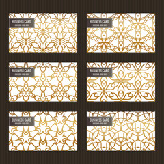 Business card set. Golden foil decorative elements. Ornamental floral cards with ornate patterns. Islamic, arabic, indian, turkish, pakistan, chinese, japanese, asian motifs. Vector illustration.