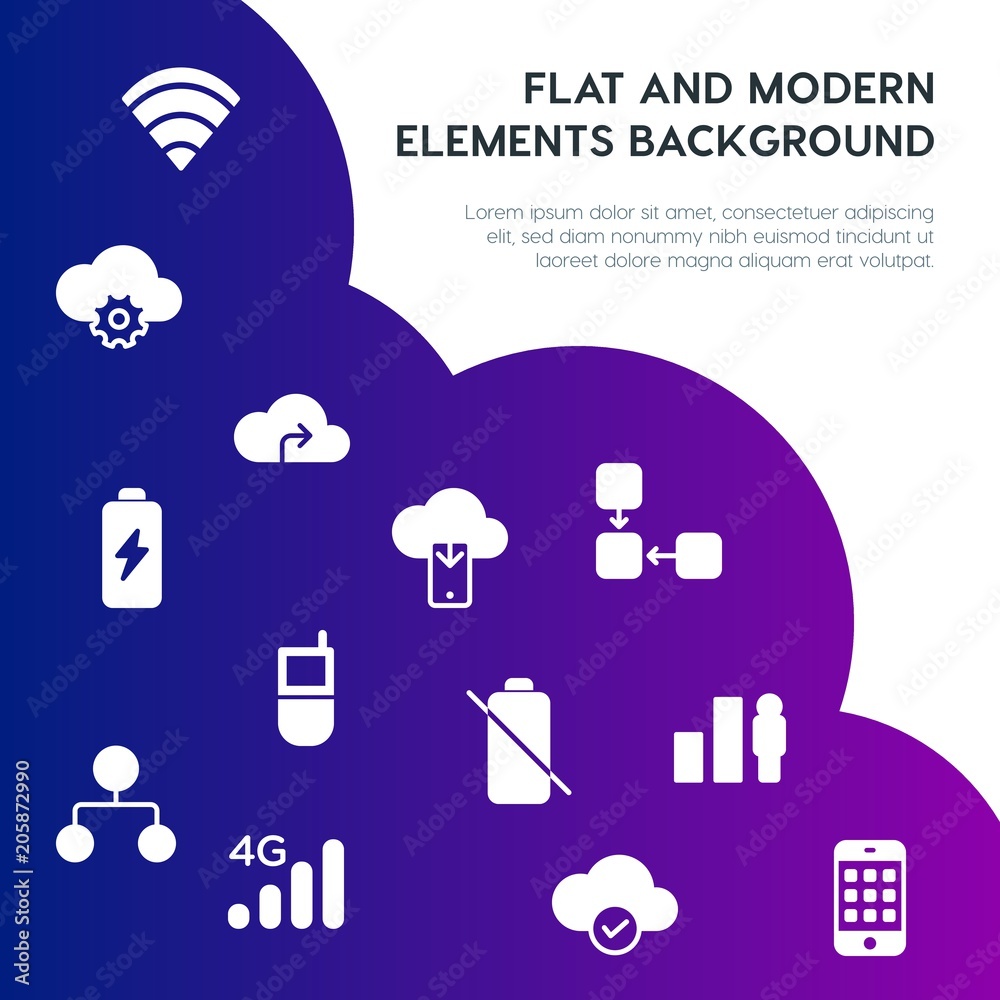 Poster cloud and networking, charts, mobile, bookmarks fill vector icons and elements background concept on