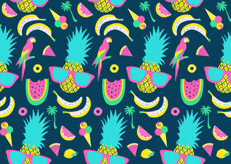 Obraz premium Letni wzór. Elementy arbuza, ananasa i wakacji.