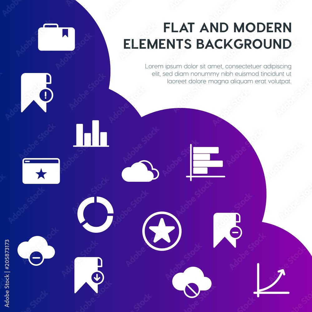 Poster cloud and networking, charts, mobile, bookmarks fill vector icons and elements background concept on