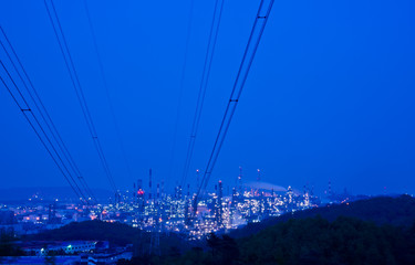 Aerial view Oil refinery.Industrial view at oil refinery plant form industry zone with sunrise and cloudy sky. and Petrochemical background sunset.