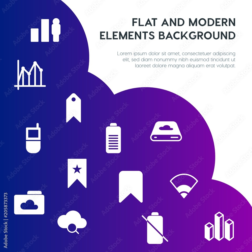 Poster cloud and networking, charts, mobile, bookmarks fill vector icons and elements background concept on