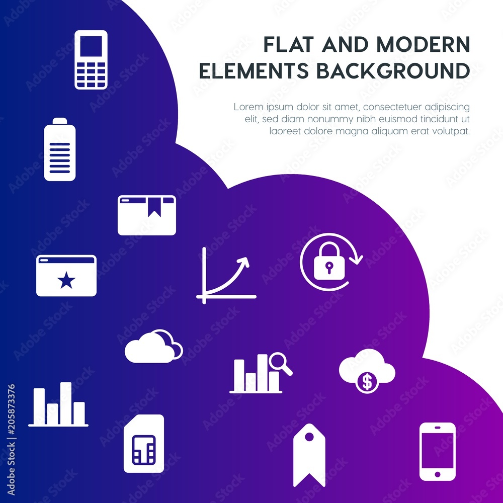 Poster cloud and networking, charts, mobile, bookmarks fill vector icons and elements background concept on