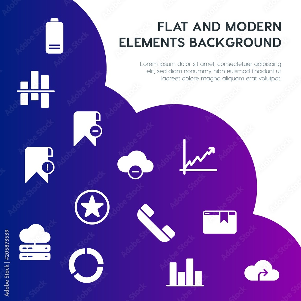 Poster cloud and networking, charts, mobile, bookmarks fill vector icons and elements background concept on