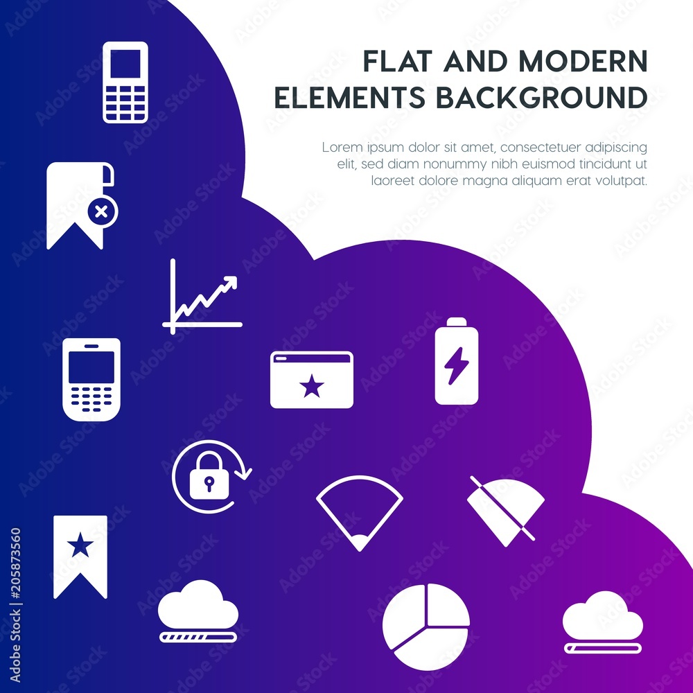 Poster cloud and networking, charts, mobile, bookmarks fill vector icons and elements background concept on