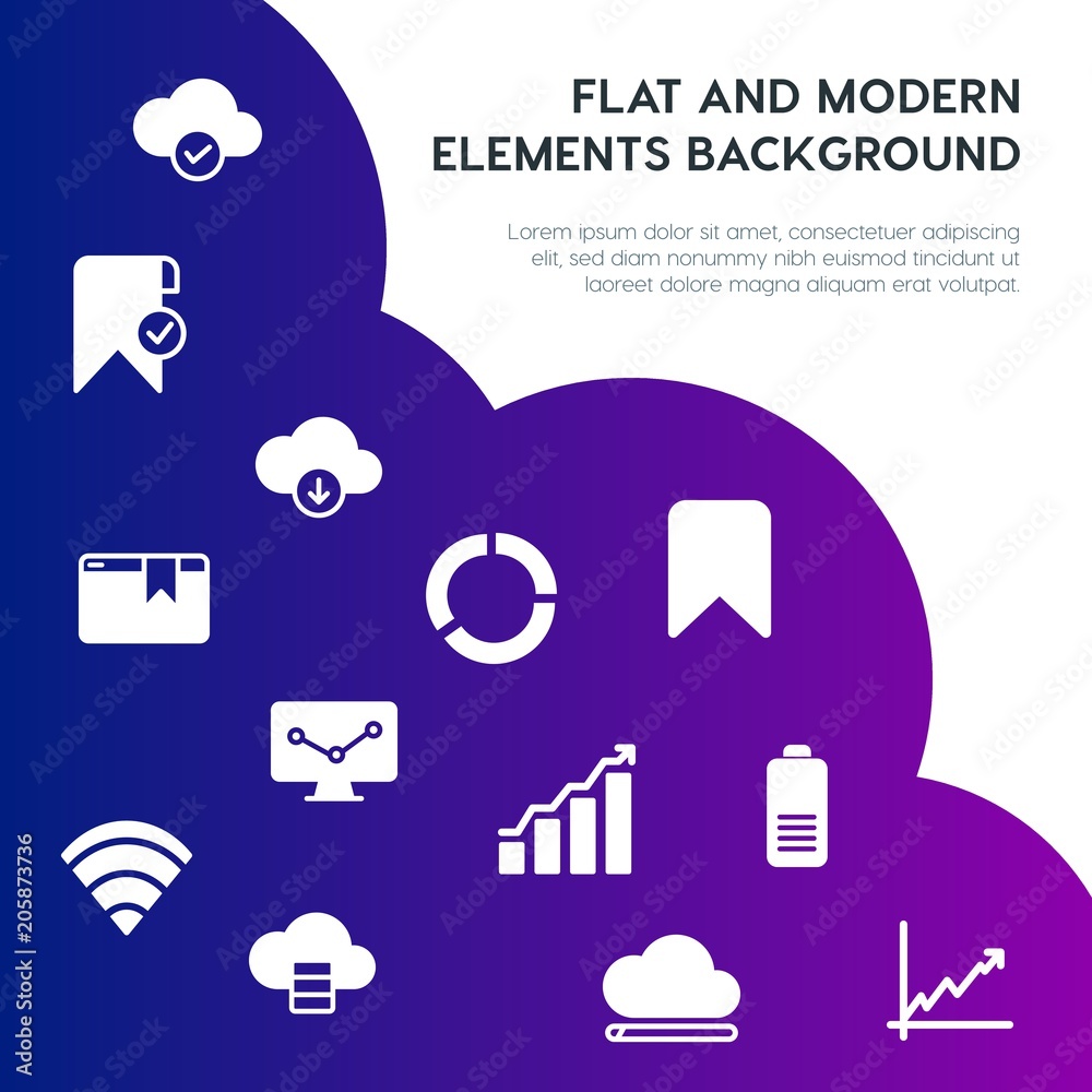 Poster cloud and networking, charts, mobile, bookmarks fill vector icons and elements background concept on
