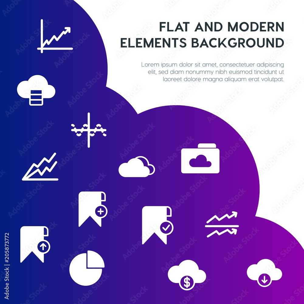 Poster cloud and networking, charts, mobile, bookmarks fill vector icons and elements background concept on
