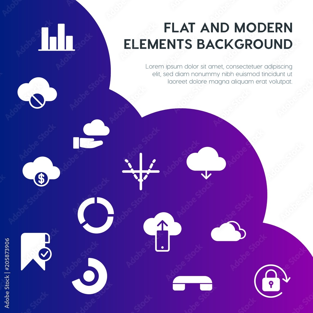 Poster cloud and networking, charts, mobile, bookmarks fill vector icons and elements background concept on