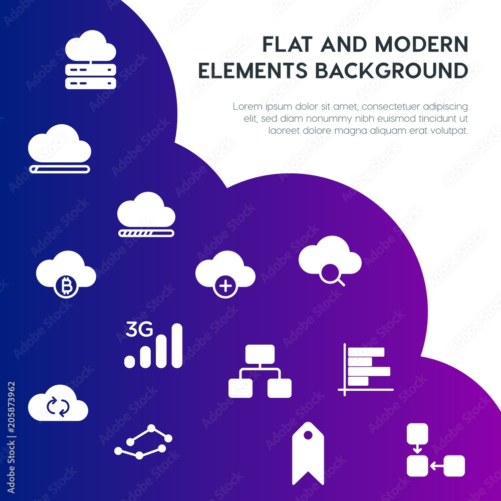 Poster cloud and networking, charts, mobile, bookmarks fill vector icons and elements background concept on