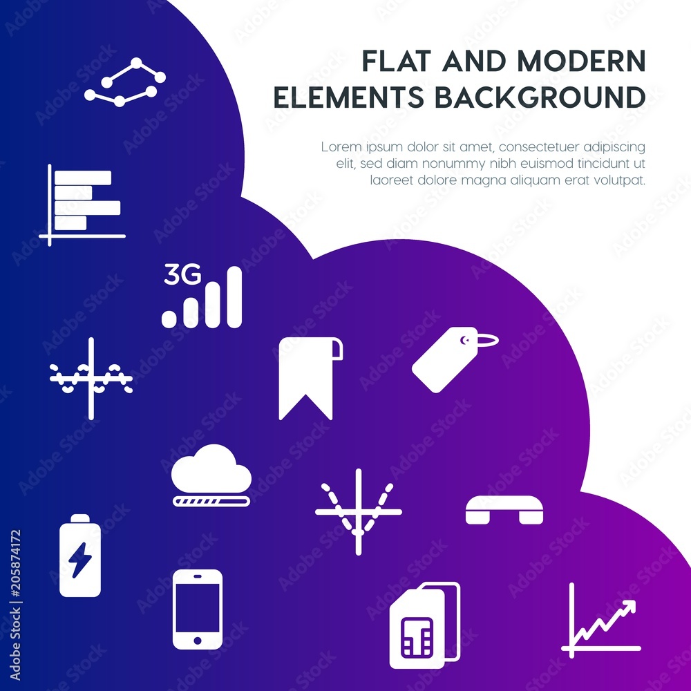 Poster cloud and networking, charts, mobile, bookmarks fill vector icons and elements background concept on