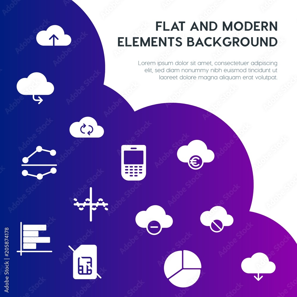 Poster cloud and networking, charts, mobile, bookmarks fill vector icons and elements background concept on