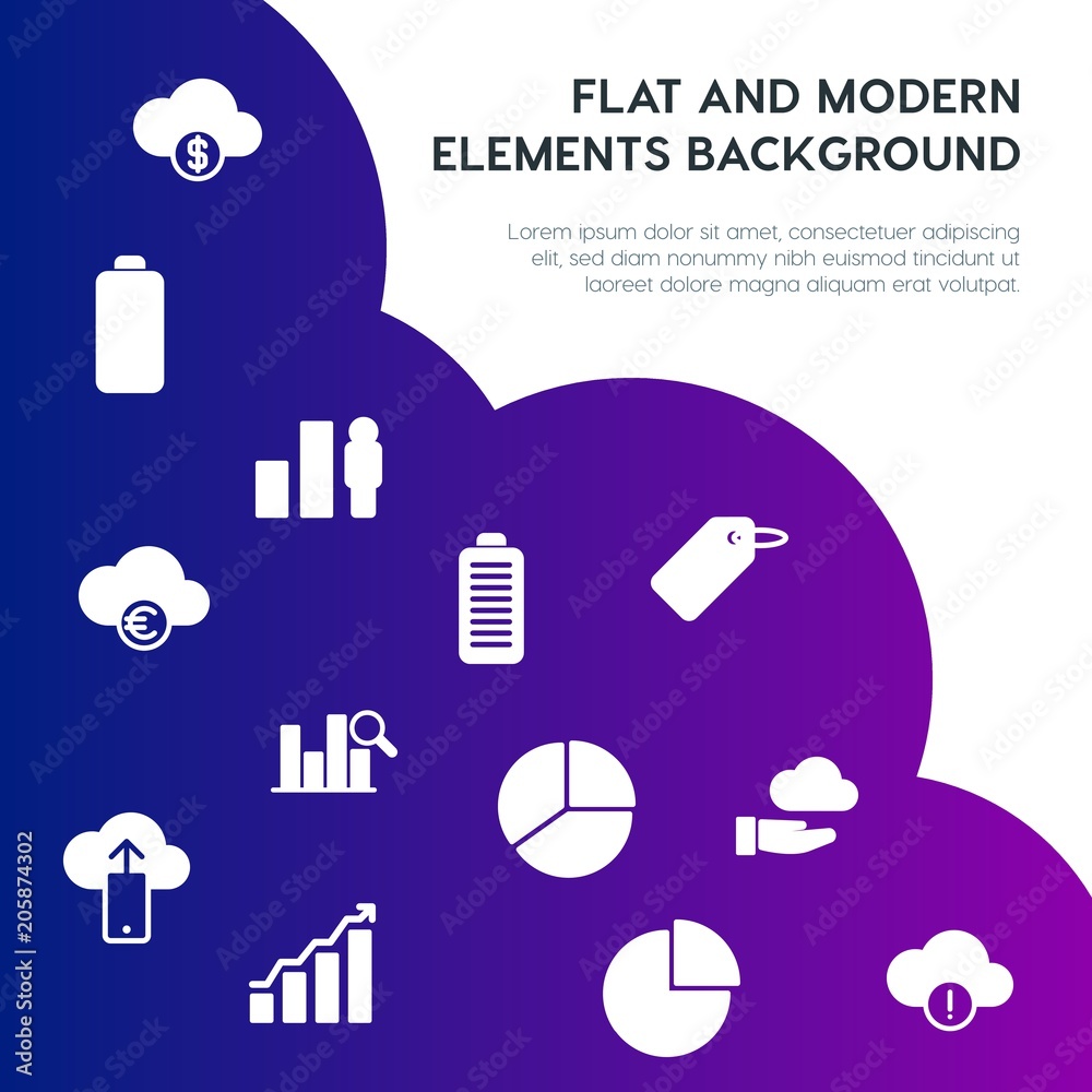 Poster cloud and networking, charts, mobile, bookmarks fill vector icons and elements background concept on