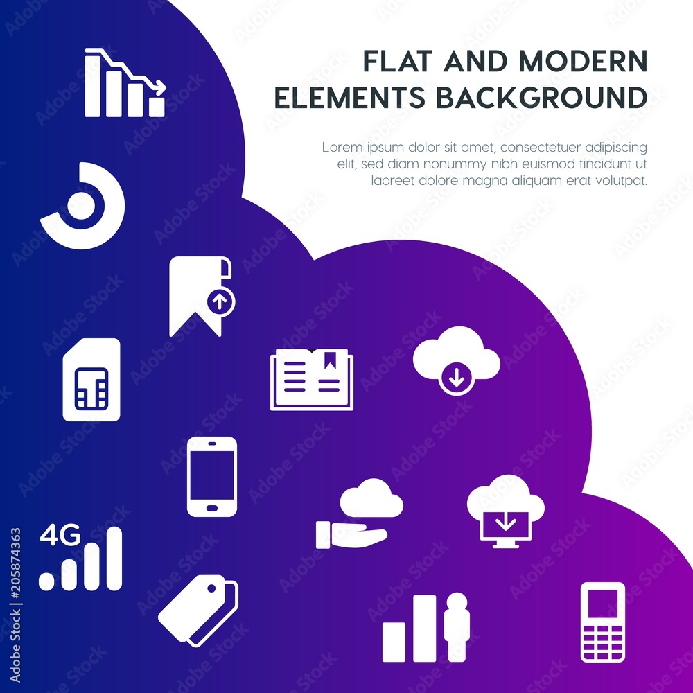 Poster cloud and networking, charts, mobile, bookmarks fill vector icons and elements background concept on