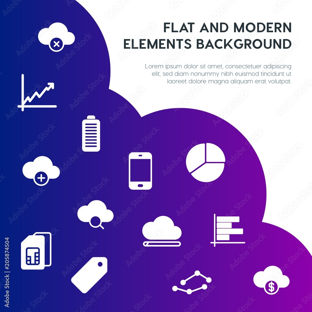 Poster cloud and networking, charts, mobile, bookmarks fill vector icons and elements background concept on