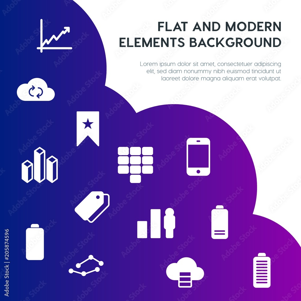 Poster cloud and networking, charts, mobile, bookmarks fill vector icons and elements background concept on